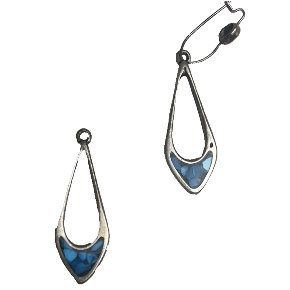 Vintage Teardrop Sterling Silver Turquoise Style Inlay Dangle Earrings NO HOOK